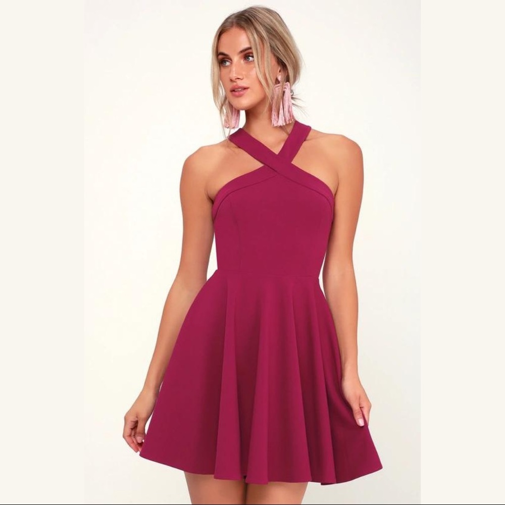Lulu's The Way You Look Tonight Magenta Halter Skater Dress Size XS